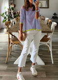 Women's Clothing Crew Neck Striped Contrasting Color Long-Sleeved Casual Sweater