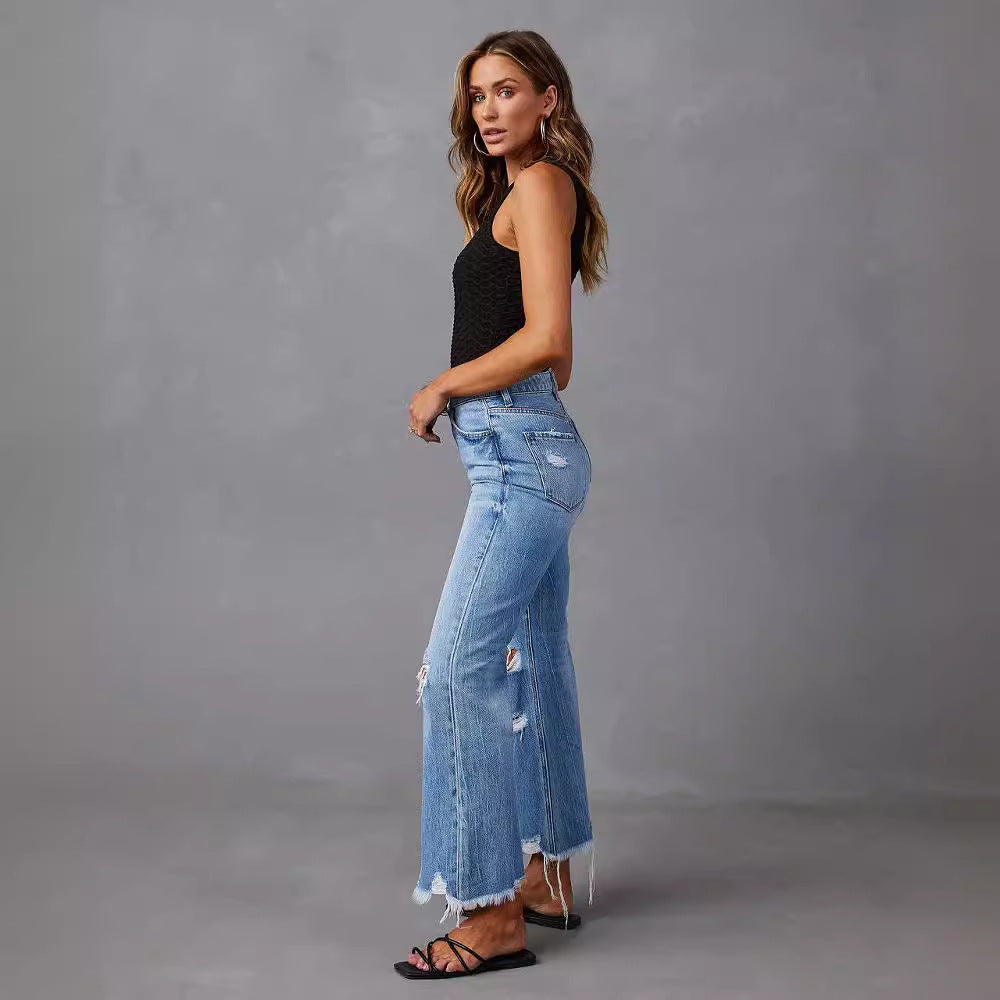Womens Flare Waisted Wide Leg Baggy Stretch Boyfriend Denim Jeans