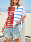 Womens Summer Striped Shirts Casual Color Block Short Sleeve Tops Loose Fit Crew Neck Tees