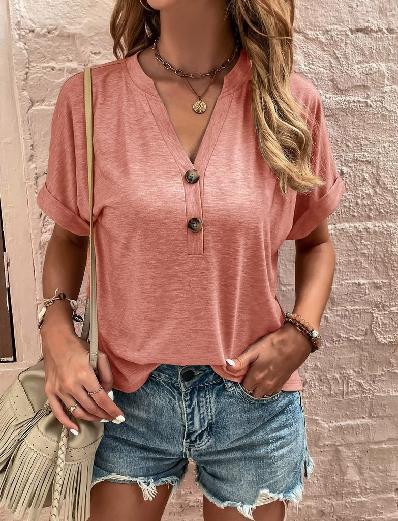 Women's Tops Solid Color Buttons Fashionable Short Sleeves
