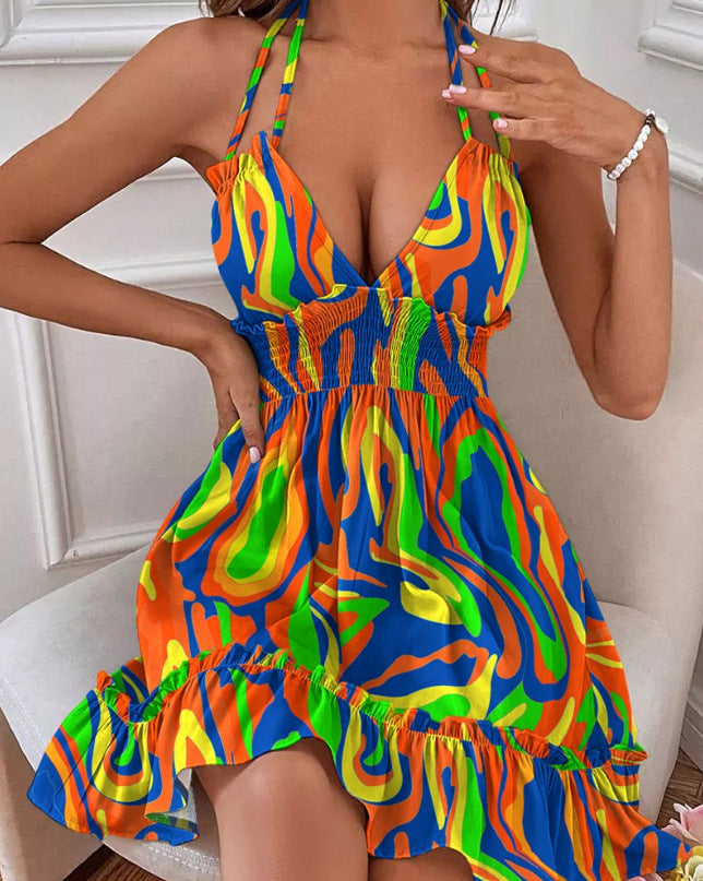 Women's Deep V Suspender Ruffled Edge Parallel Ruffled Backless Sexy Dresses
