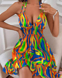 Women's Deep V Suspender Ruffled Edge Parallel Ruffled Backless Sexy Dresses
