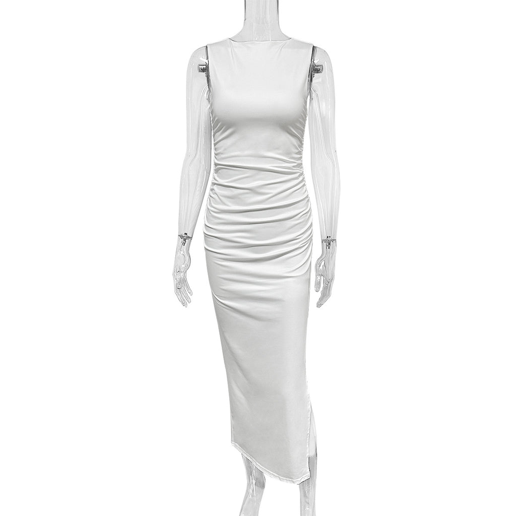 Women's Summer Sexy Fashion Round Neck Dress Pleated Hip-Wrapped Slim Slit Long Dresses
