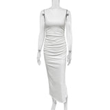 Women's Summer Sexy Fashion Round Neck Dress Pleated Hip-Wrapped Slim Slit Long Dresses
