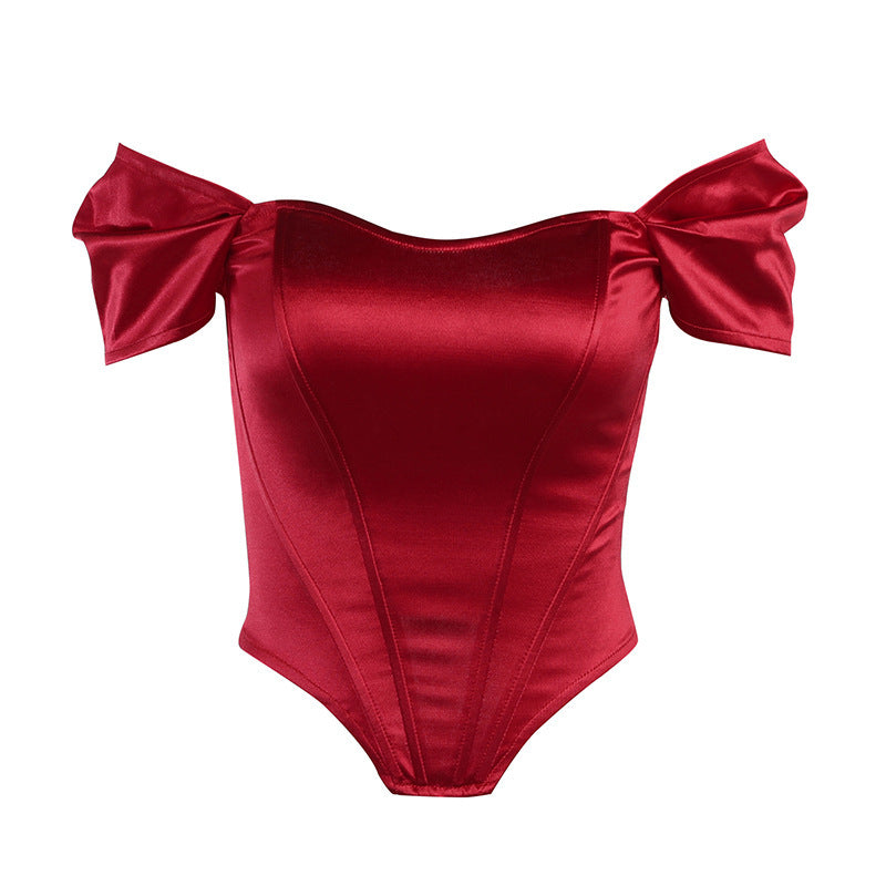 Women's Summer Fishbone Waist Tube Top Satin Off Shoulder Tops