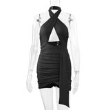 Women's Lanyard Hip Skirt Sexy Cross Collar Halter Neck Pleated Dresses