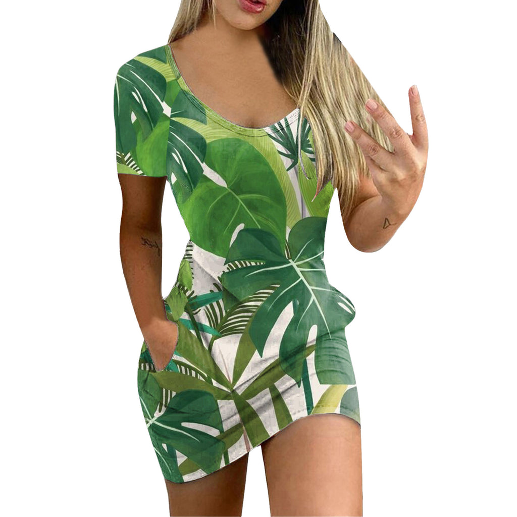 Women's Sexy Slim-Fit Solid Color Printed Short-Sleeved Dresses