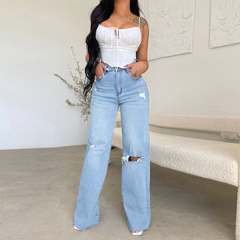 Women's Ripped Casual High Waisted Wide Leg Distressed Jeans