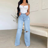 Women's Ripped Casual High Waisted Wide Leg Distressed Jeans
