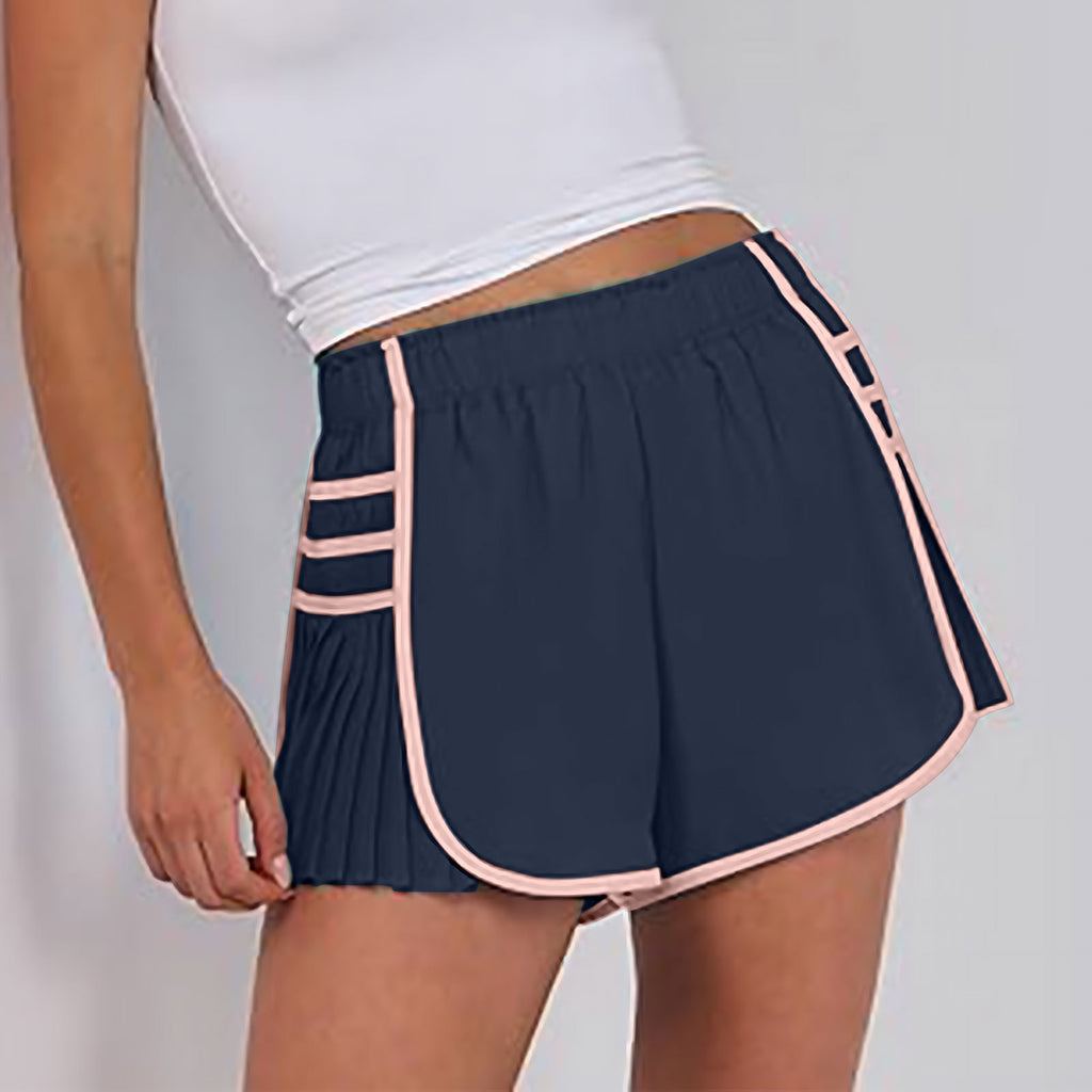 Womens Workout Gym Shorts Running Pleated Contrast Stitch Elastic Waist Athletic Quick Dry Shorts