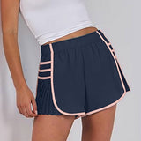 Womens Workout Gym Shorts Running Pleated Contrast Stitch Elastic Waist Athletic Quick Dry Shorts
