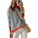 Women's Clothing Crew Neck Striped Contrasting Color Long-Sleeved Casual Sweater