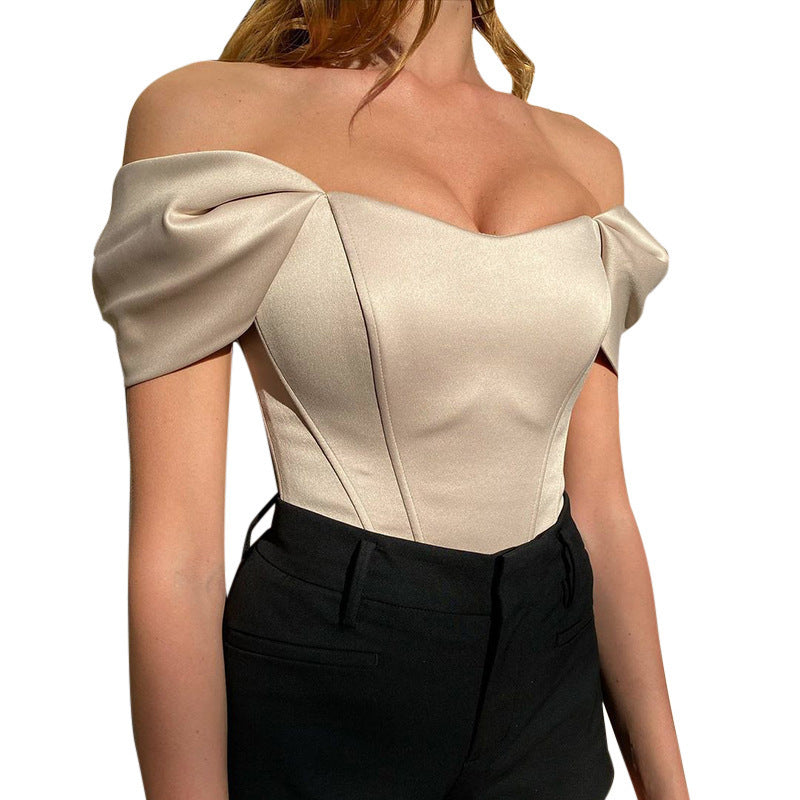 Women's Summer Fishbone Waist Tube Top Satin Off Shoulder Tops