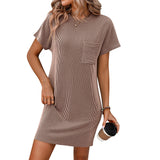 Women's Summer Casual Contrast Color Twist Striped Short Sleeve Pocket Dresses