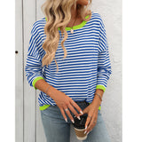 Women's Clothing Crew Neck Striped Contrasting Color Long-Sleeved Casual Sweater