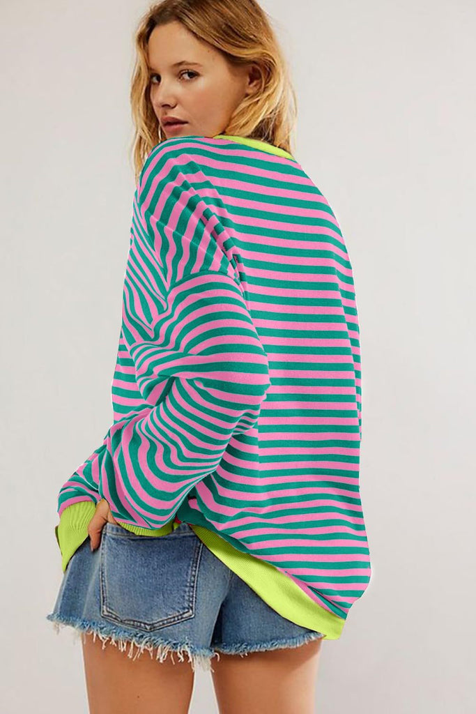 Women's Colorful Striped Crew Neck Loose Sweatshirts
