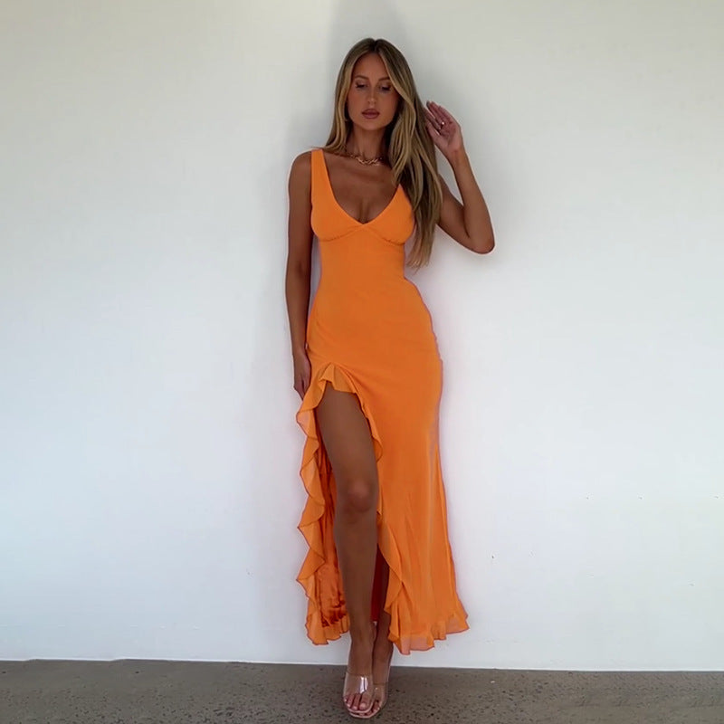 Women's Slim-Fitting Suspender Dress Sexy V-Neck Ruffled Slit Dresses