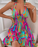 Women's Deep V Suspender Ruffled Edge Parallel Ruffled Backless Sexy Dresses