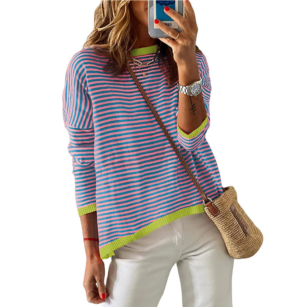 Women's Clothing Crew Neck Striped Contrasting Color Long-Sleeved Casual Sweater