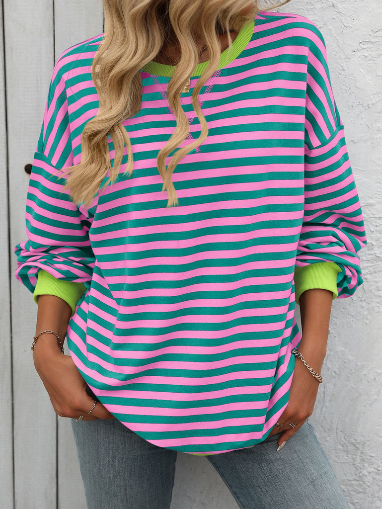 Women's Colorful Striped Crew Neck Loose Sweatshirts
