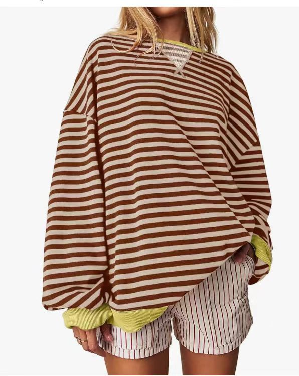 Women's Striped Oversized Color Block Long Sleeve Sweatshirt