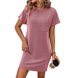 Women's Summer Casual Contrast Color Twist Striped Short Sleeve Pocket Dresses