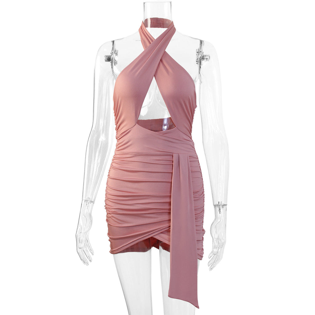 Women's Lanyard Hip Skirt Sexy Cross Collar Halter Neck Pleated Dresses