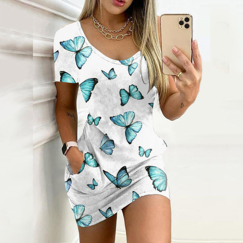 Women's Sexy Slim-Fit Solid Color Printed Short-Sleeved Dresses
