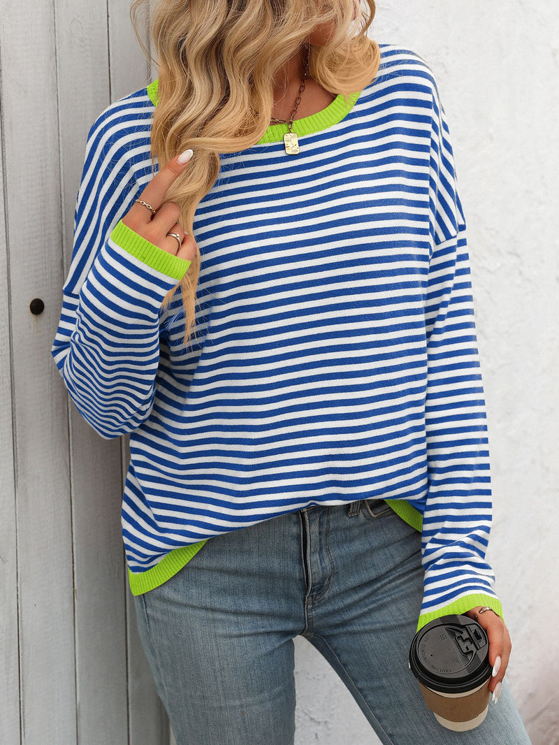 Women's Clothing Crew Neck Striped Contrasting Color Long-Sleeved Casual Sweater