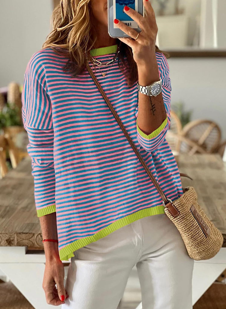Women's Clothing Crew Neck Striped Contrasting Color Long-Sleeved Casual Sweater