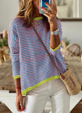 Women's Clothing Crew Neck Striped Contrasting Color Long-Sleeved Casual Sweater