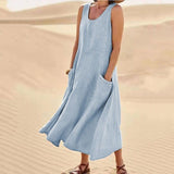 Women's Sleeveless Round Neck Cotton And Linen Dresses