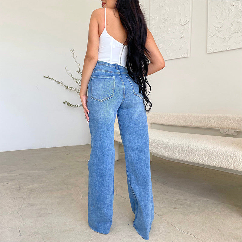 Women's Ripped Casual High Waisted Wide Leg Distressed Jeans