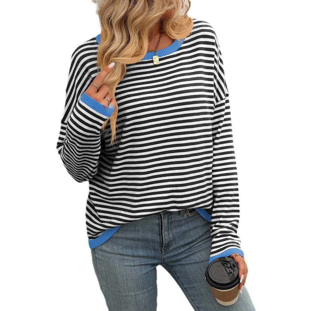 Women's Clothing Crew Neck Striped Contrasting Color Long-Sleeved Casual Sweater