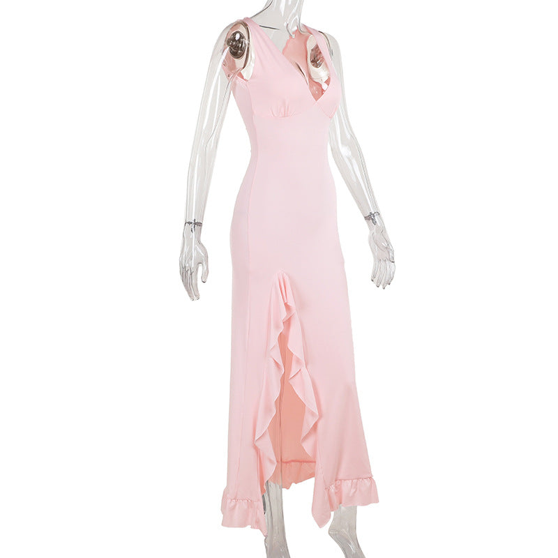 Women's Slim-Fitting Suspender Dress Sexy V-Neck Ruffled Slit Dresses