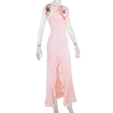 Women's Slim-Fitting Suspender Dress Sexy V-Neck Ruffled Slit Dresses