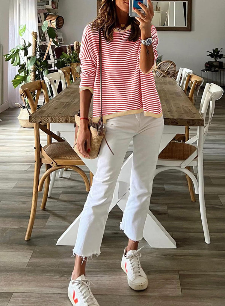 Women's Clothing Crew Neck Striped Contrasting Color Long-Sleeved Casual Sweater