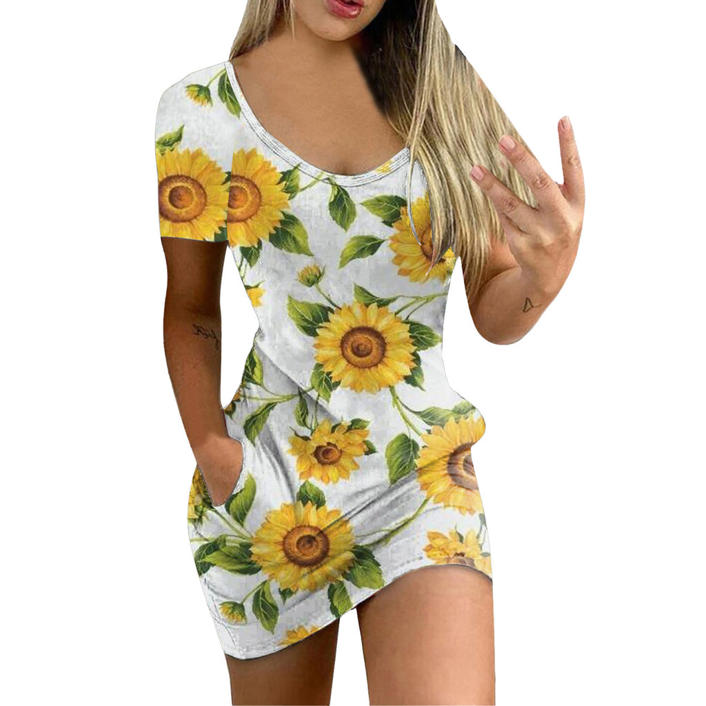 Women's Sexy Slim-Fit Solid Color Printed Short-Sleeved Dresses