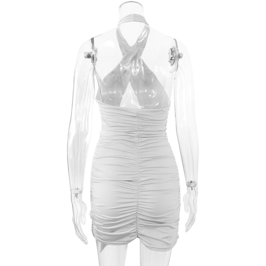 Women's Lanyard Hip Skirt Sexy Cross Collar Halter Neck Pleated Dresses