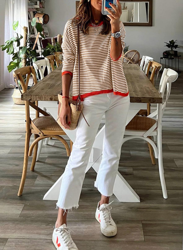 Women's Clothing Crew Neck Striped Contrasting Color Long-Sleeved Casual Sweater