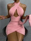 Women's Lanyard Hip Skirt Sexy Cross Collar Halter Neck Pleated Dresses