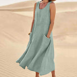 Women's Sleeveless Round Neck Cotton And Linen Dresses