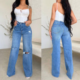 Women's Ripped Casual High Waisted Wide Leg Distressed Jeans