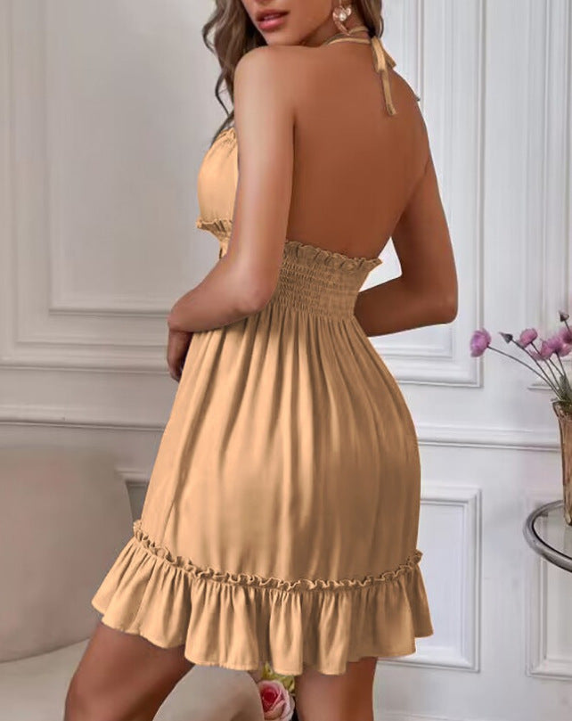 Women's Deep V Suspender Ruffled Edge Parallel Ruffled Backless Sexy Dresses