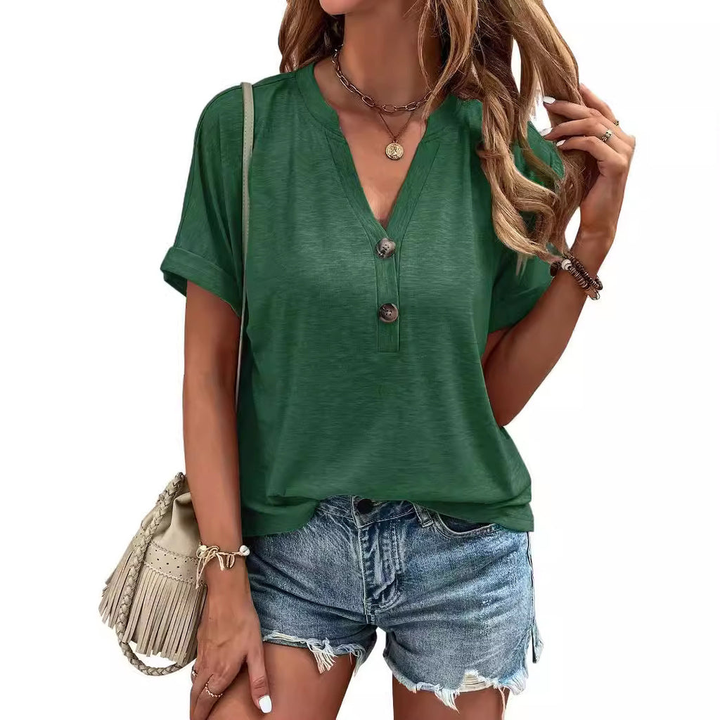 Women's Tops Solid Color Buttons Fashionable Short Sleeves