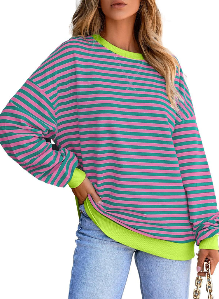 Women's Colorful Striped Crew Neck Loose Sweatshirts