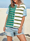 Womens Summer Striped Shirts Casual Color Block Short Sleeve Tops Loose Fit Crew Neck Tees