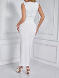 Women's Summer Sexy Fashion Round Neck Dress Pleated Hip-Wrapped Slim Slit Long Dresses