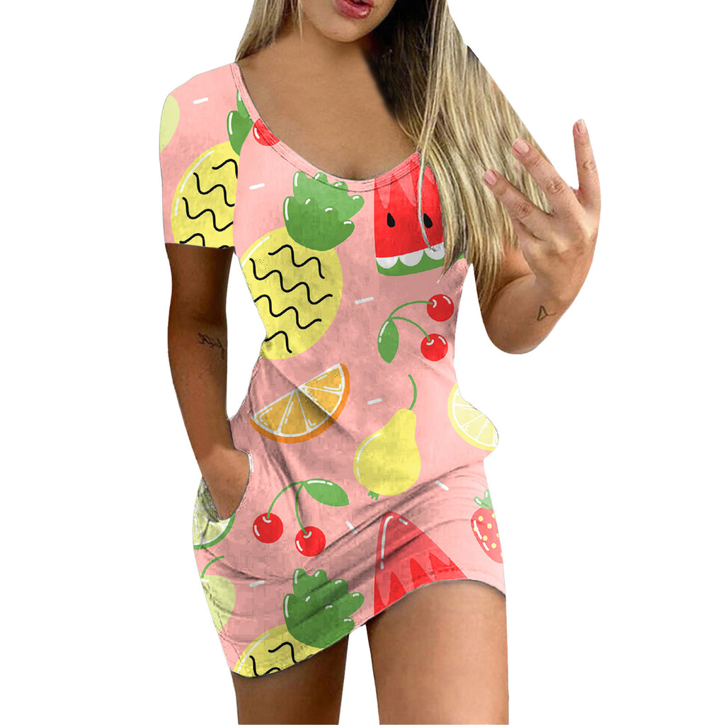 Women's Sexy Slim-Fit Solid Color Printed Short-Sleeved Dresses