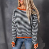 Women's Clothing Crew Neck Striped Contrasting Color Long-Sleeved Casual Sweater